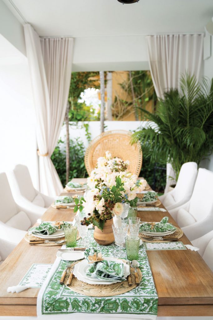 The couple hosted a breakfast party at their Miami Beach home, complete with an organic-inspired tablescape rich in natural materials and shades of green.