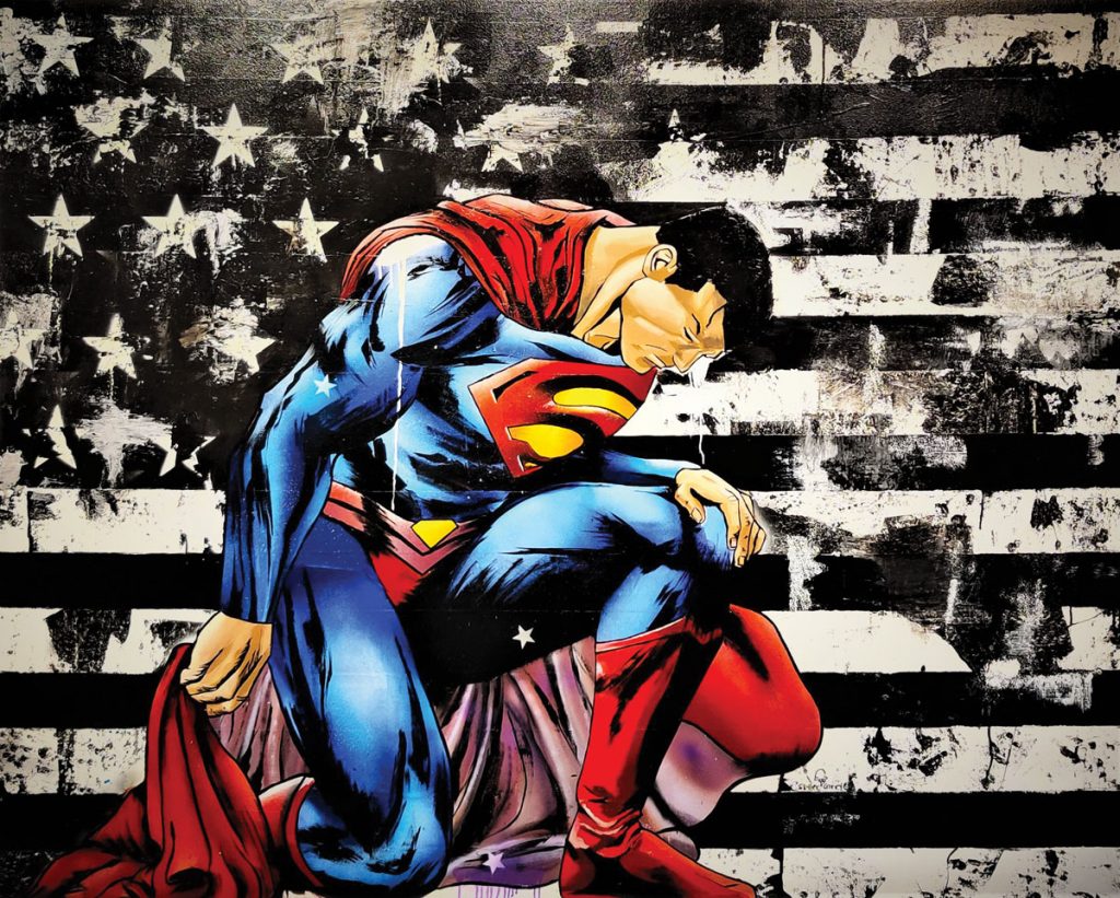 In his America the Beautiful series, Skyler Grey reinterprets comic book heroes and cartoon characters through a lens influenced by contemporary American life