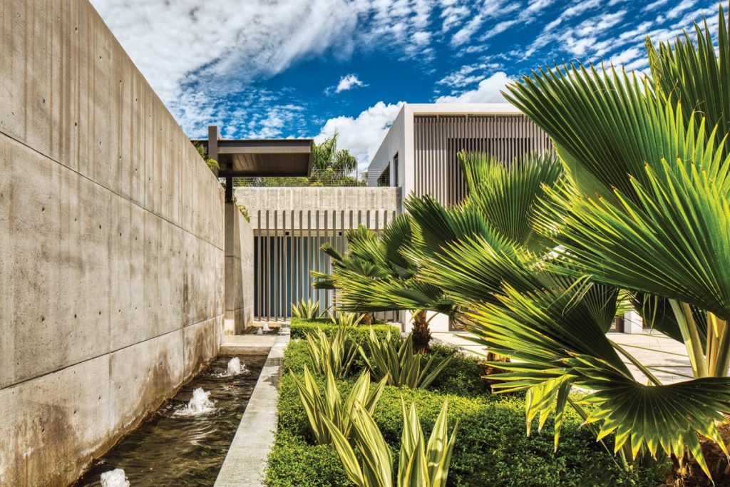 The home’s austere concrete shell is balanced by palms and other plant life. Originally, the landscape architecture called for water curtains with water jets, but the homeowners and landscaping team opted for bubblers instead.