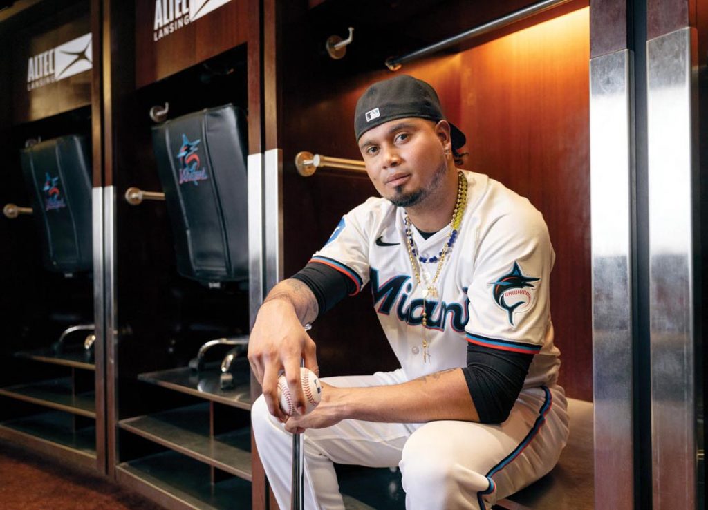 Marlins second baseman Luis Arráez at his clubhouse locker inside LoanDepot Park