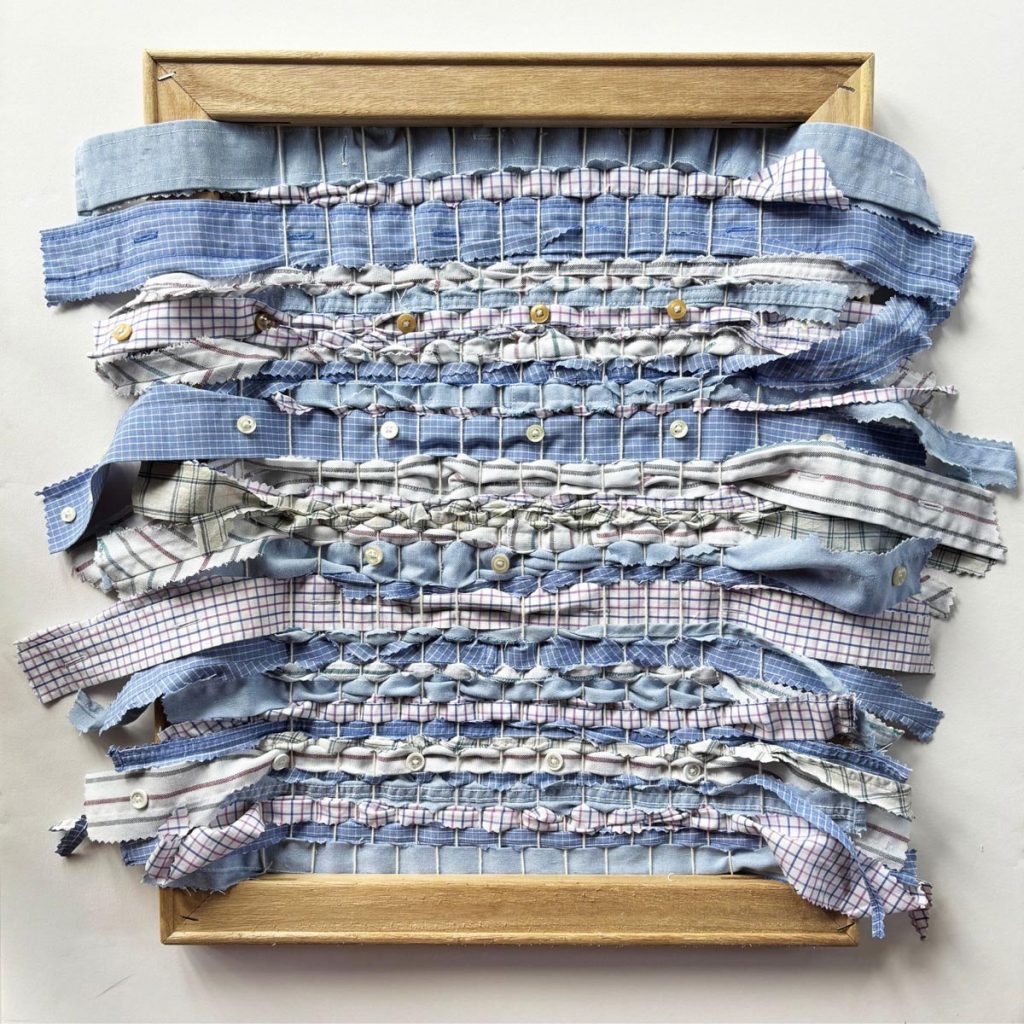 Weaving I by Kristin Beck is fashioned from scraps of business shirts and buttons, thread, reclaimed stretchers, and nails