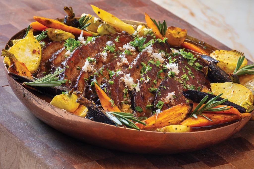 Wine-braised beef brisket with turnips, heirloom carrots, and a horseradish gremolata