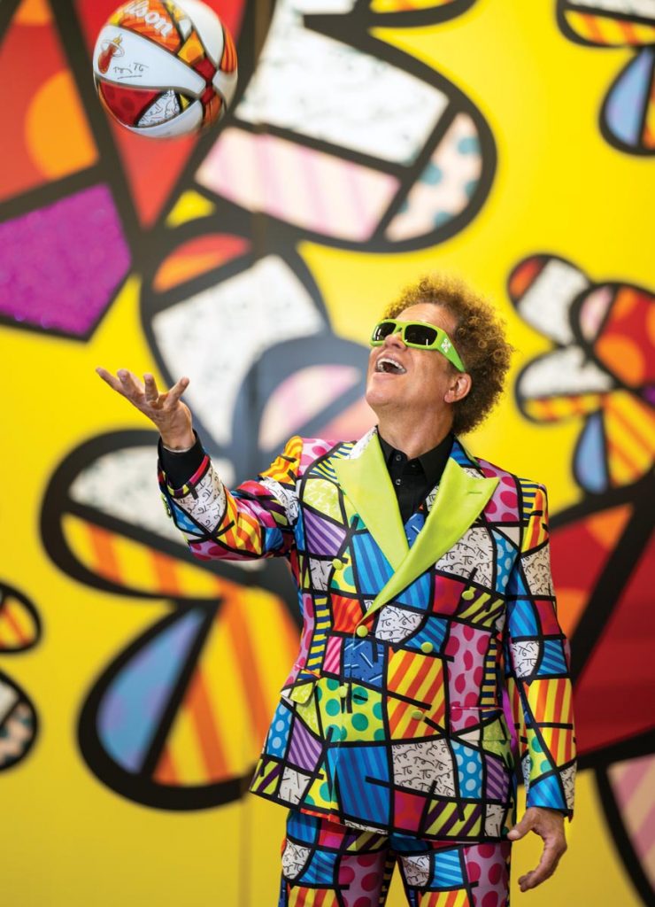 At his 60,000-square-foot headquarters (aka the Britto Palace) in Miami, Britto paints, hosts art collectors, and runs his shiny, happy empire—with time to play built in. Photo by Steven Martine