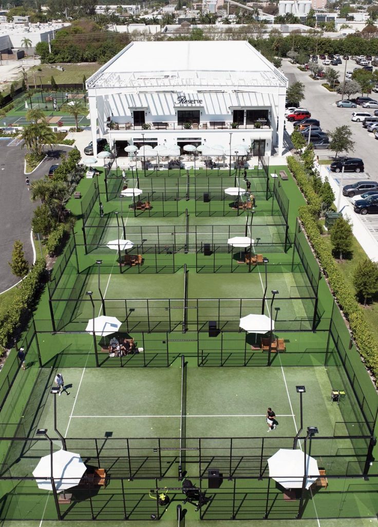 Reserve Padel’s 100,000-square-foot SoLe Mia location includes four indoor and six outdoor courts, two pickleball courts, elevated viewing areas, and a health and wellness center. Photo by Steven Martine