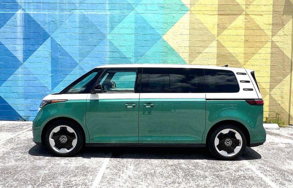 The ID. Buzz is Mahi Green and Candy White two-tone, with 20-inch rims. Photo by Howard Walker