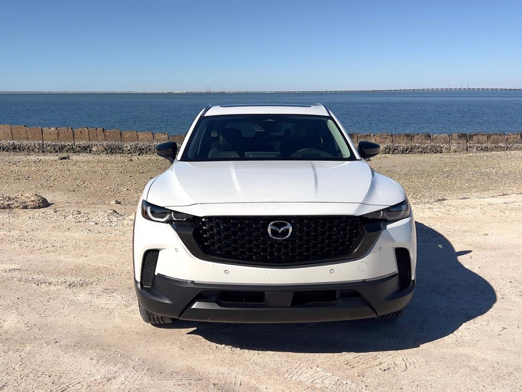 The 2026 Mazda CX-50 Hybrid's grille and cats-eyes headlights. Photo by Howard Walker