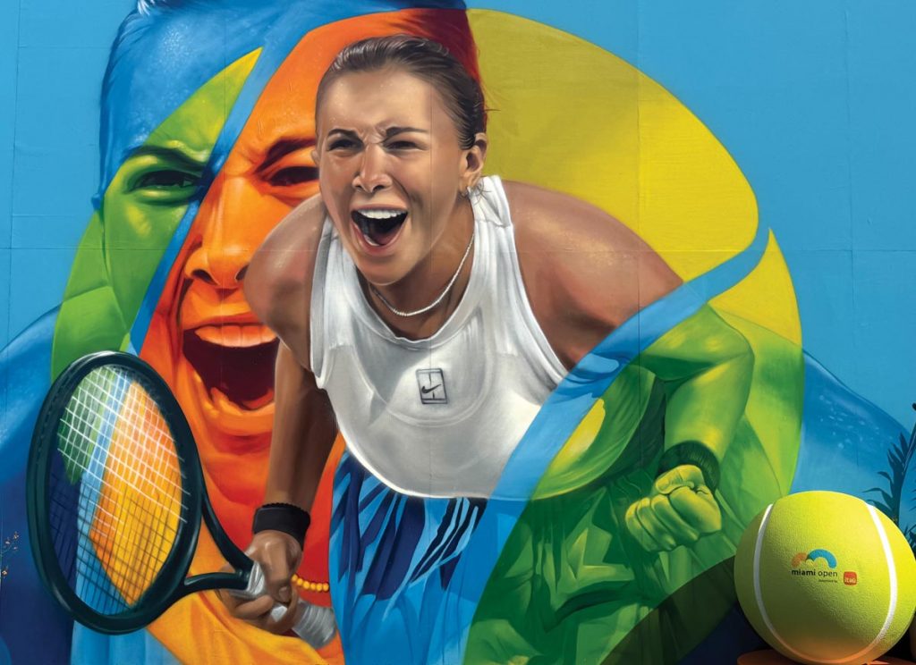 A mural of Amanda by artist Johann Aven at the 2026 Miami Open, completed over six days using 90 spray cans and 58 colors. Photo by Jacquelynn Powers