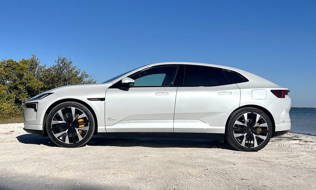 The Polestar 4 is an all-electric, swoopy-roofed, tall-riding four-door coupe. Photos by Howard Walker