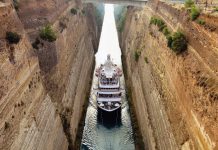 Sail the Seas with SeaDream Yacht Club Cruising through the Corinth Canal in Greece. Photo courtesy of SeaDream Yacht Club