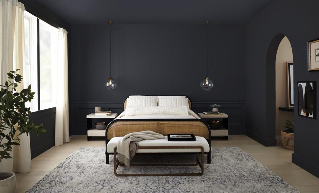 Cracked Pepper in a primary bedroom. Photo courtesy of Behr