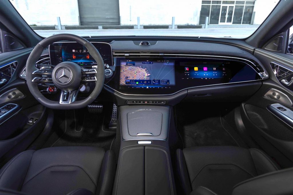 The expansive dashboard and driver controls in the Mercedes-AMG E 53 Hybrid Wagon. Photo courtesy of Mercedes-Benz